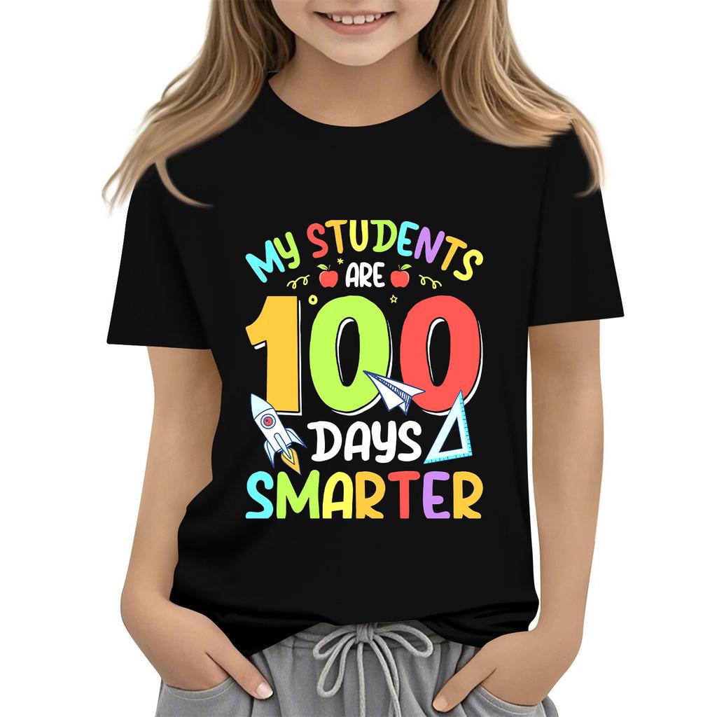 Kids Fashion Casual Short Sleeve 100 Day School Anniversary Printed Round Neck T-Shirt Top