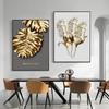 Gold Leaves, Beige Flowers, Canvas, Painting, Modern Scandinavian Plants, Wall Art Posters and Room Prints, Home Decor