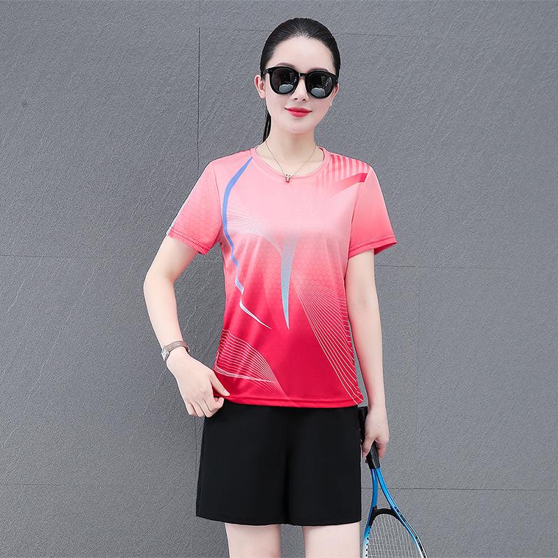 Женский быстросохнущий спортивный костюм из ледяного шелка на лето — топ с короткими рукавами и шорты для настольного тенниса, бега, тренировок по бадминтону и фитнеса.