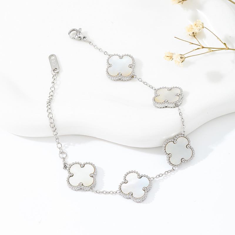 18K Gold Plated Mother-of-Pearl Four-Leaf Clover Jewelry Set: Bracelet, Necklace, Ring, Stud Earrings