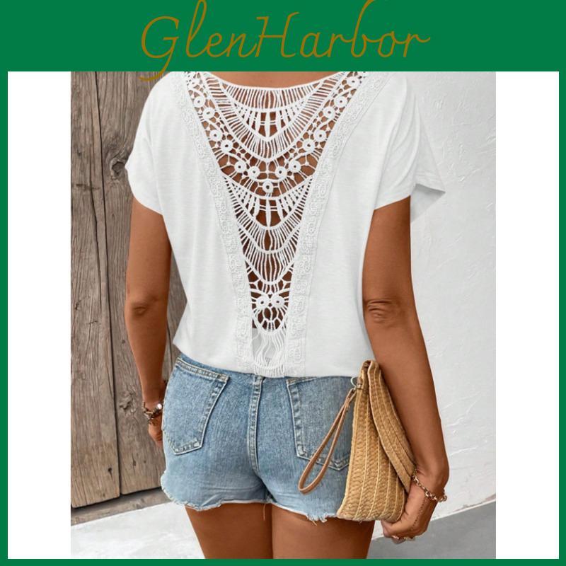 Short Lace Summer Back Splicing Sleeved Tshirt O Neck Loose Office Blouse Women Sweet Hollow Out Solid Color Tops Female Elegant Simple Shirts