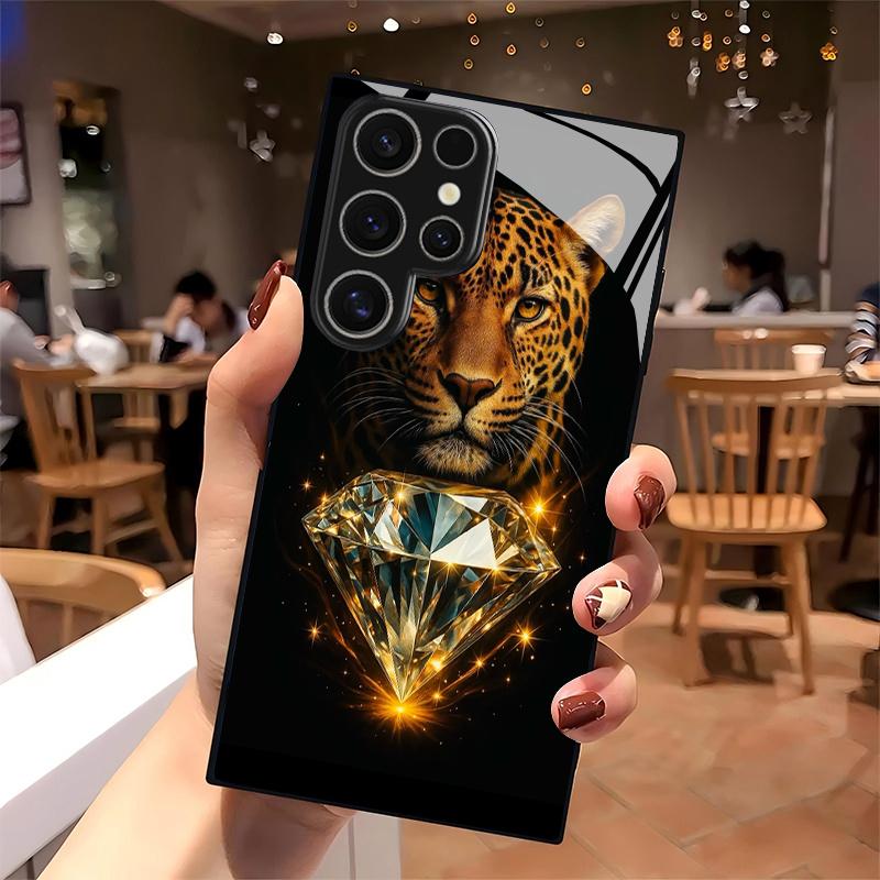 Крутой 2D чехол для телефона с леопардовым бриллиантовым узором для Samsung S26 S25 S24 S23 S22 S21 S20 A56 A36 A16 - Стеклянная защитная крышка