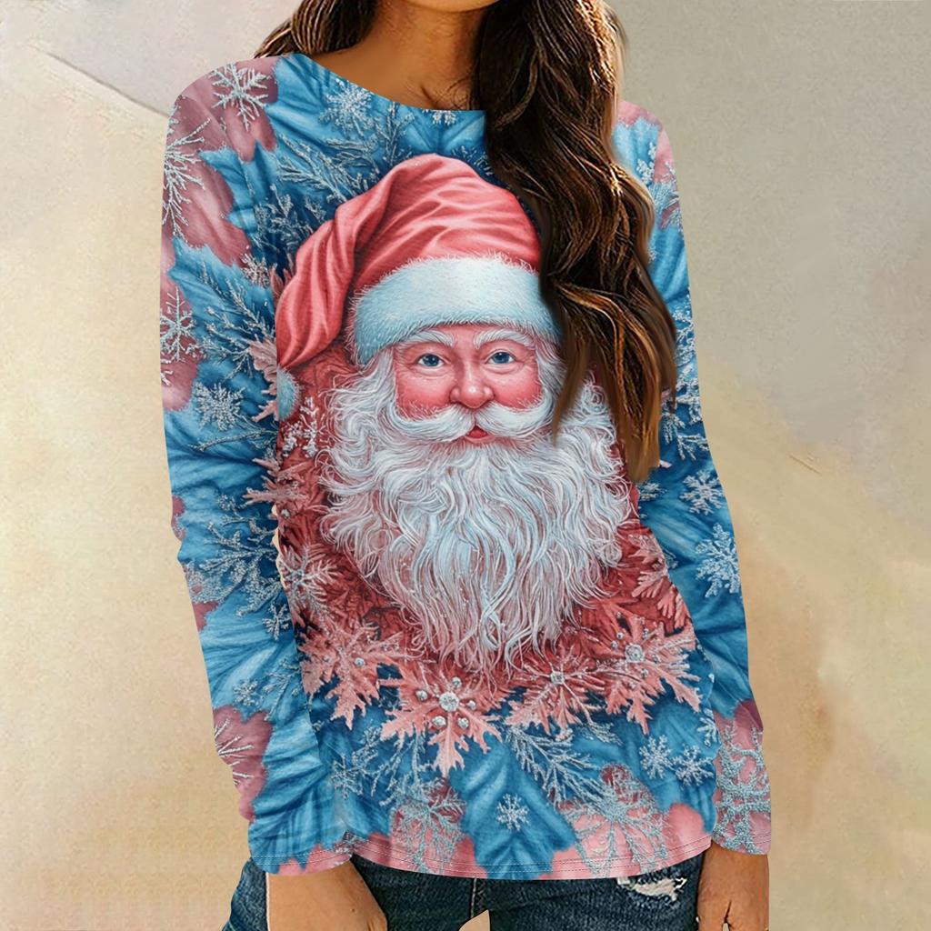 Women's Fashion Round Neck Pullover Plunging Sleeve Tee Christmas Printed Top