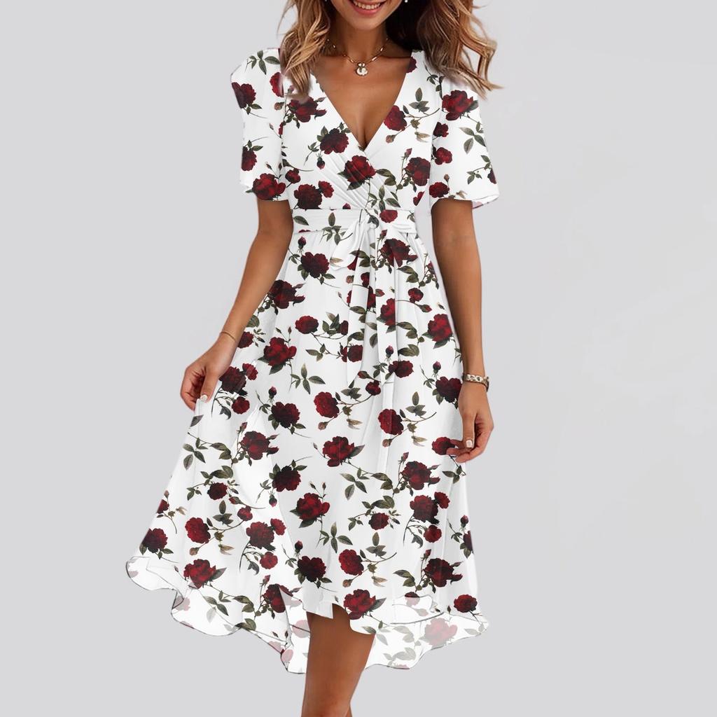 Women's Fashion Casual V Neck Short Sleeve Ruffled Vintage Printed Dresses