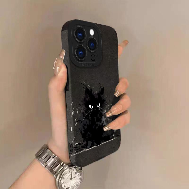 Черный кот Кожаная чехол-книжка для телефона из кожи ягненка Для iPhone 17 Pro Max Air 16 15 14 13 12 11 Pro Max Plus X XS MAX XR Жесткая задняя крышка