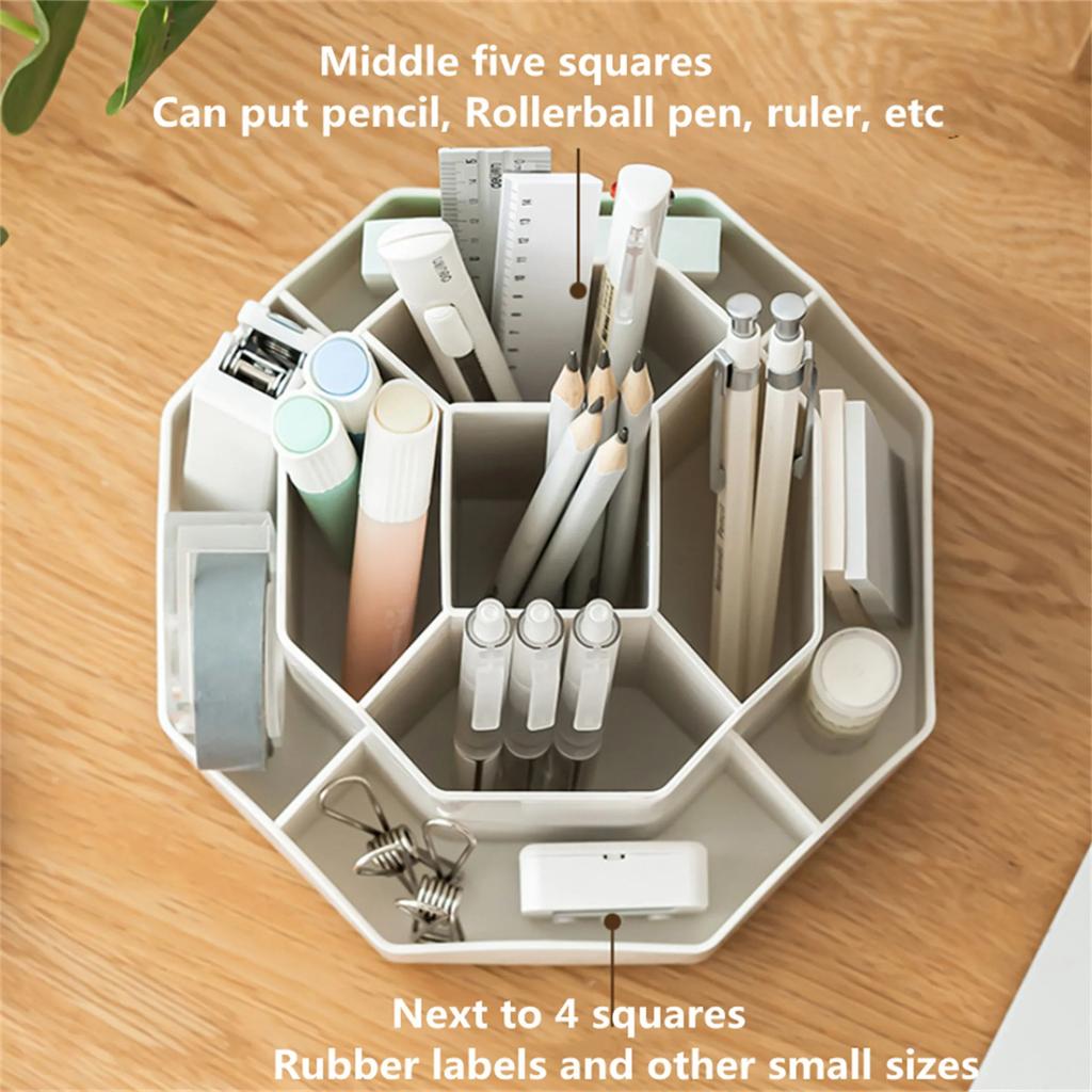 Large Capacity Desk Pencil Storage Box 9-Grid Stationery Organizer Pen Stand 360°Rotatable Pen