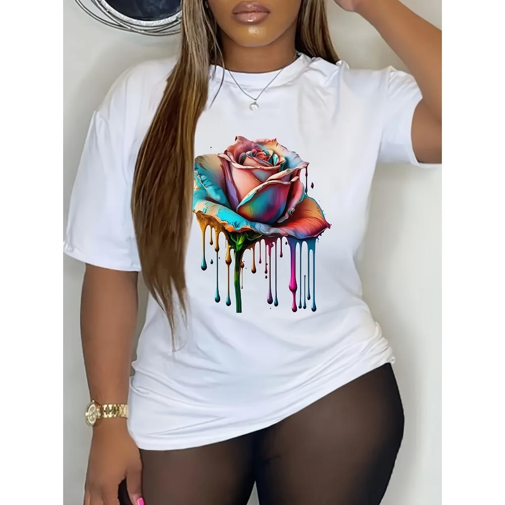 Colorful Drip Rose Women's Tee - Vibrant Artistic Floral Graphic, Stylish Print for Casual Daily Wear