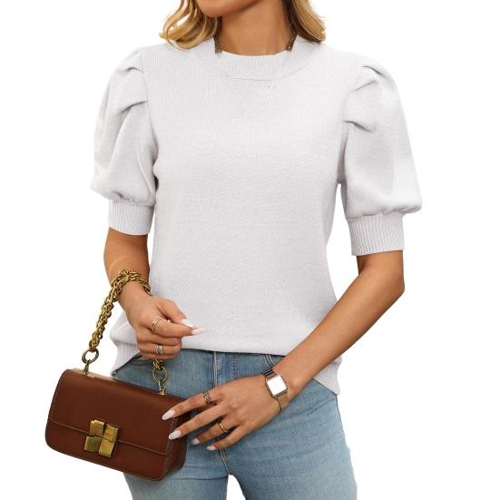 Women Knitting Tops Round Neck Puff Short Sleeve Solid Color Summer Tops