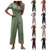 Women's Fashion Solid Color Loose Buckle Short Sleeved Cropped Pants Wide Leg Jumpsuit