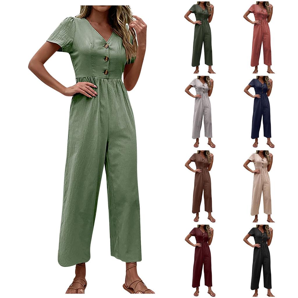 Women's Fashion Solid Color Loose Buckle Short Sleeved Cropped Pants Wide Leg Jumpsuit