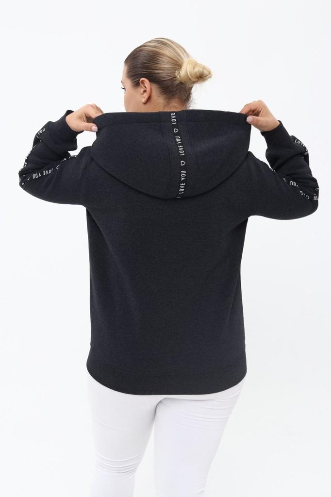 Women's Style Big Size Sweatshirt Pianoluce Large Size Striped Pocket Hooded Sweatshirt Anthracite