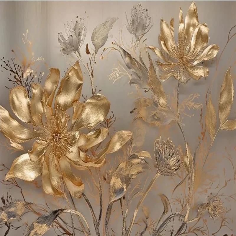 Современные 3d обои Light Luxury 3d Golden Flower Mural Гостиная Спальня Диван Настенные фрески Домашний декор