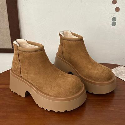 Замшевые ботильоны на высоком каблуке и платформе, женские плюшевые хлопковые туфли, модные массивные ботинки 2024 года, нескользящие туфли-лодочки Botas Mujer