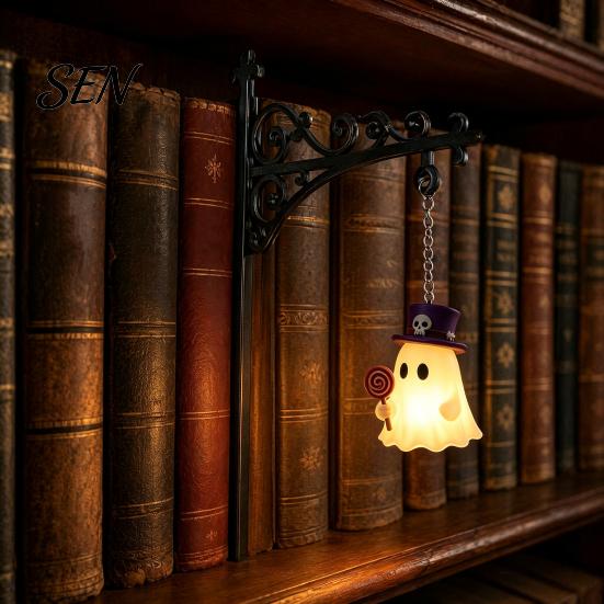 Книжный шкаф в винтажном стиле, Декор на Хэллоуин, Железная лампа для библиотеки, Свет для книжной полки с подвесками на тему призраков, тыкв, летучих мышей, Ночник для уголка для чтения, Жуткий