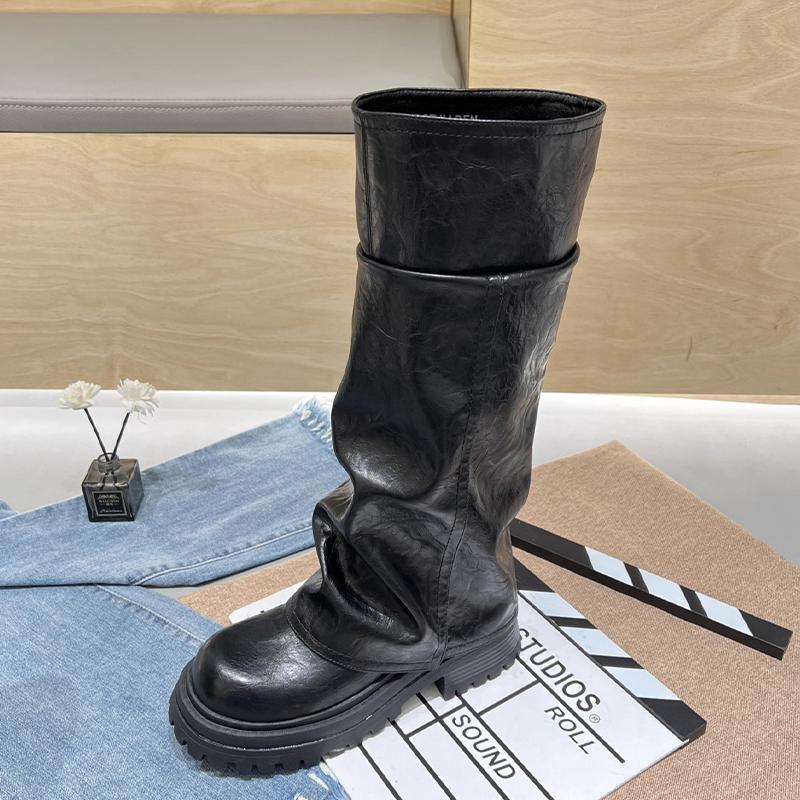 Модные женские сапоги на платформе, высокие кожаные туфли до колена, туфли на плоской подошве, женская мода 2025 года, зимнее платье в готическом стиле в стиле ретро, мотоциклетные сапоги Mujer