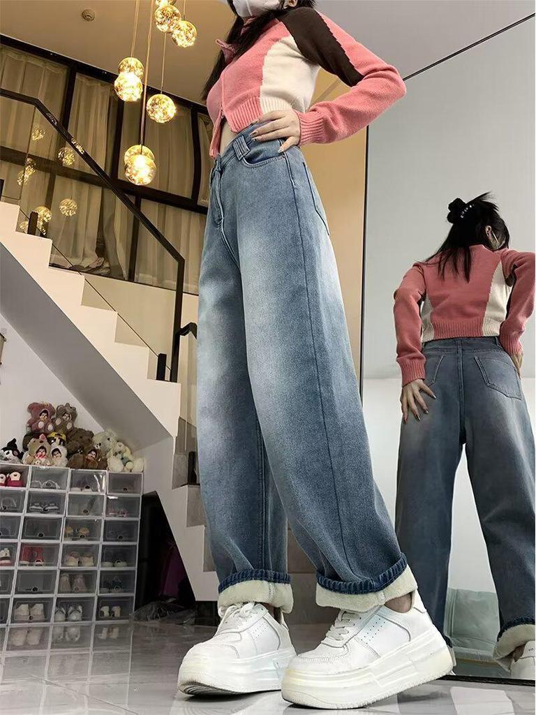 2025 Джинсы с высокой талией, из утолщенного бархата, с широкими штанинами для женщин - Большой размер, Осень/Зима