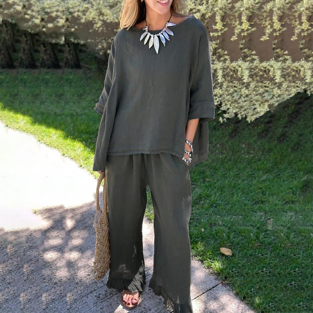 Новые осенние женские однотонные свободные повседневные брюки из хлопка и льна, костюм из двух предметов