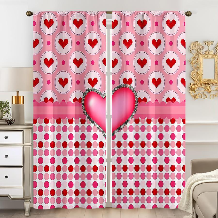 2PCS foundation make-up red heart wave point layered curtain sweet style living room bedroom trolley pocket decoration
