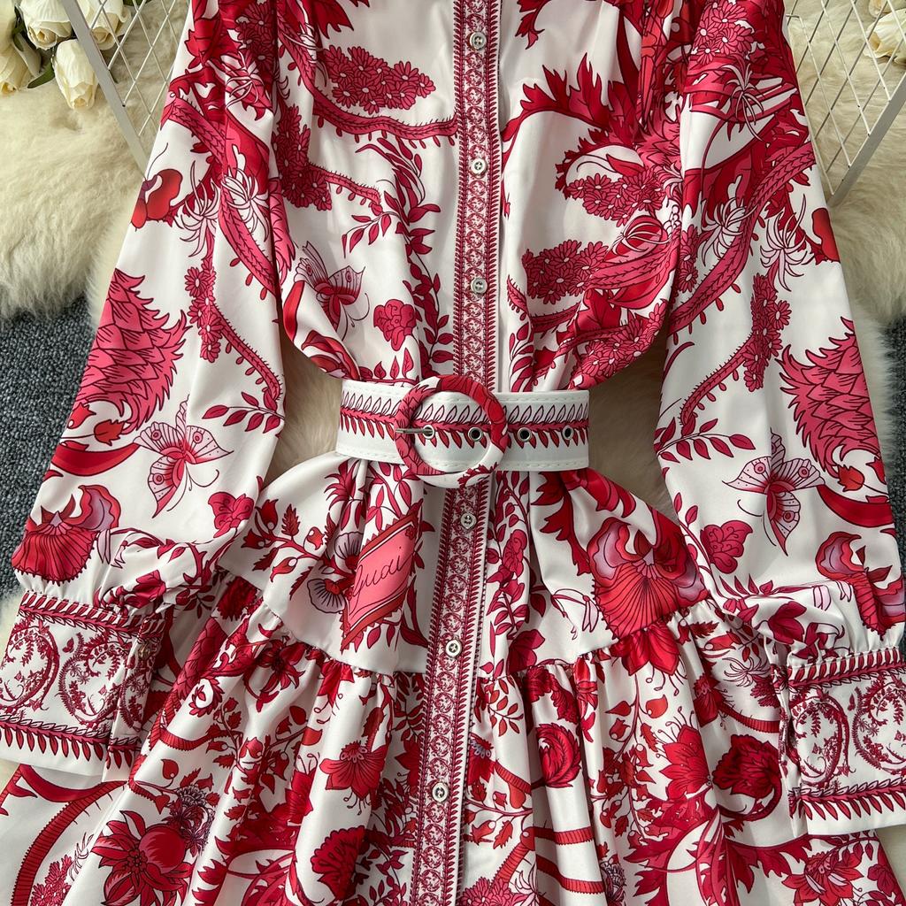 Весна Осень Винтаж Дворцовый Принт Подиумное Платье Женские Длинные Рукава Вечерние Короткие Платья С Поясом