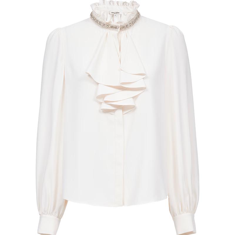 VEROMODA Women's Ruffle Stand Collar Beaded Lantern Sleeve Shirt