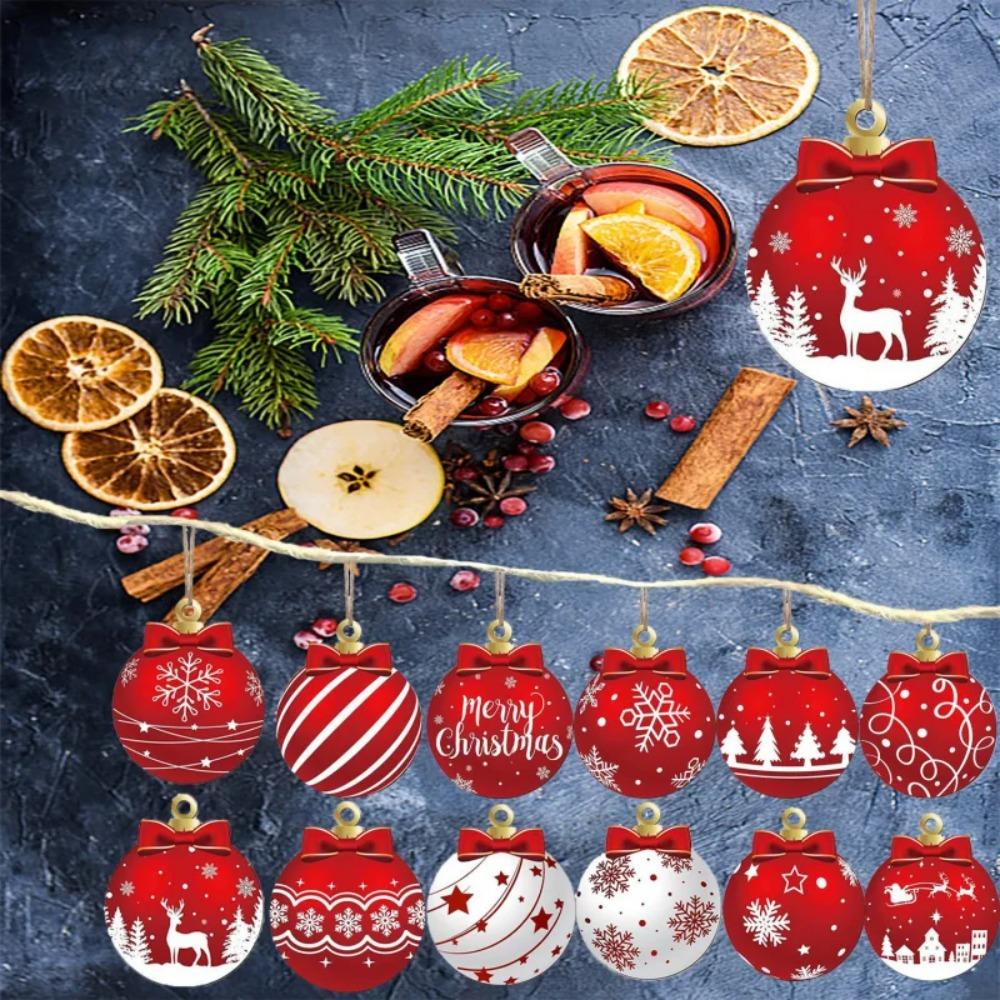 12PCS Wooden Christmas Ball Ornaments Red White Elk Snowflake Xmas Tree Decor Holiday Winter Party Hanging