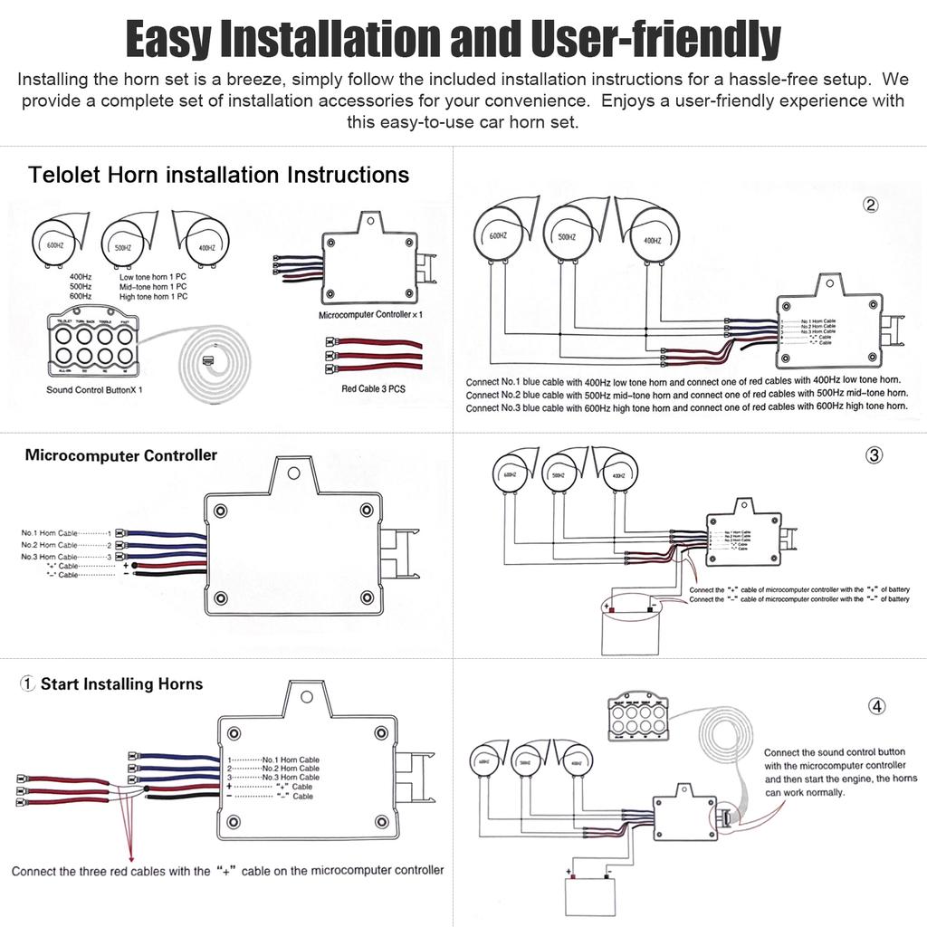 3 Piece Loud Car Horn Set High Mid Low Pitch Electric Snail Horn Waterproof with 8 Sounds Horn Controller for 12 24V