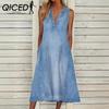 Summer Solid Color Sleeveless V-neck Loose Casual Denim Dress