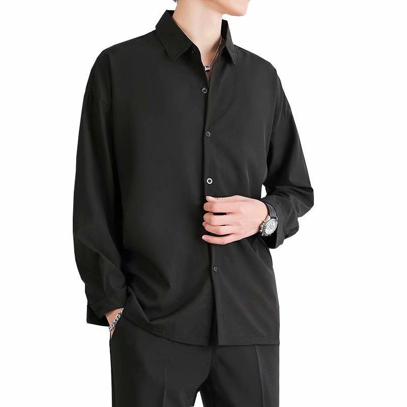 Men's Summer Ice Silk Long-Sleeve Black Drape Shirt - Wrinkle-Free, Loose, Casual, Handsome Gray Style