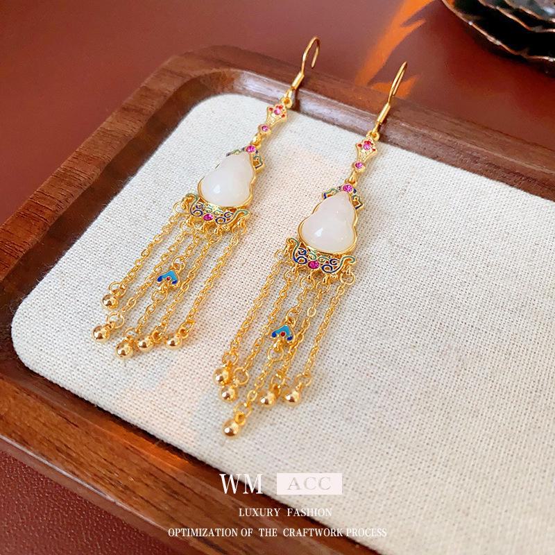 Оригинальные серьги-кисточки в виде тыквы с бриллиантами с золотым покрытием - Новый китайский стиль, элегантные и роскошные