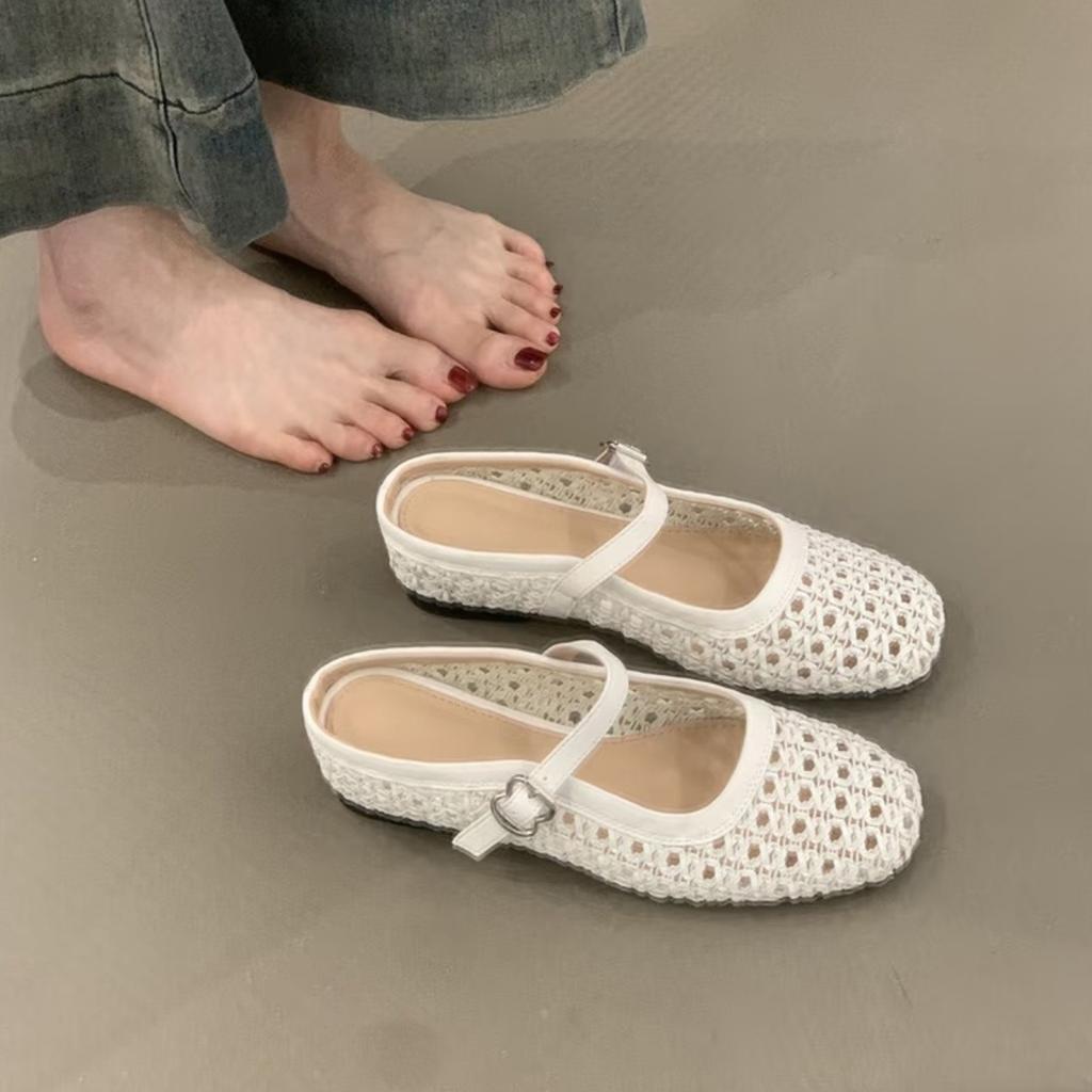 Винтажные плетеные туфли с полым верхом на толстом каблуке, полушлепанцы Мюли Мэри Джейн