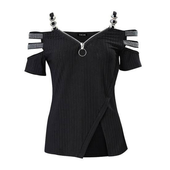 Women's Tops V-Neck Zip Detail Split Hem Elegant Trendy Minimalistic Sequin Chain Accent Blouse Summer Accessories
