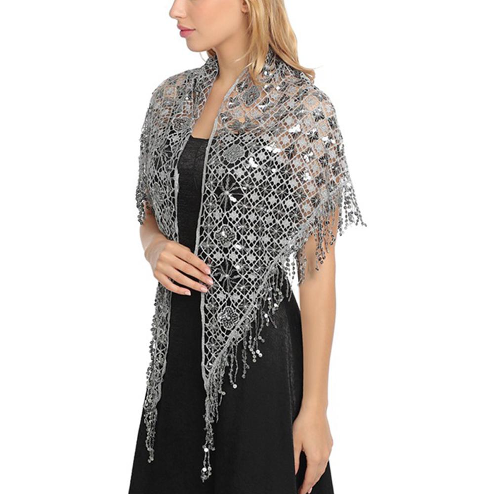 Полая треугольная кружевная шаль с блестками, свадебная женская роскошная вечерняя накидка, женский блестящий блестящий палантин, клубный шарф с кисточкой