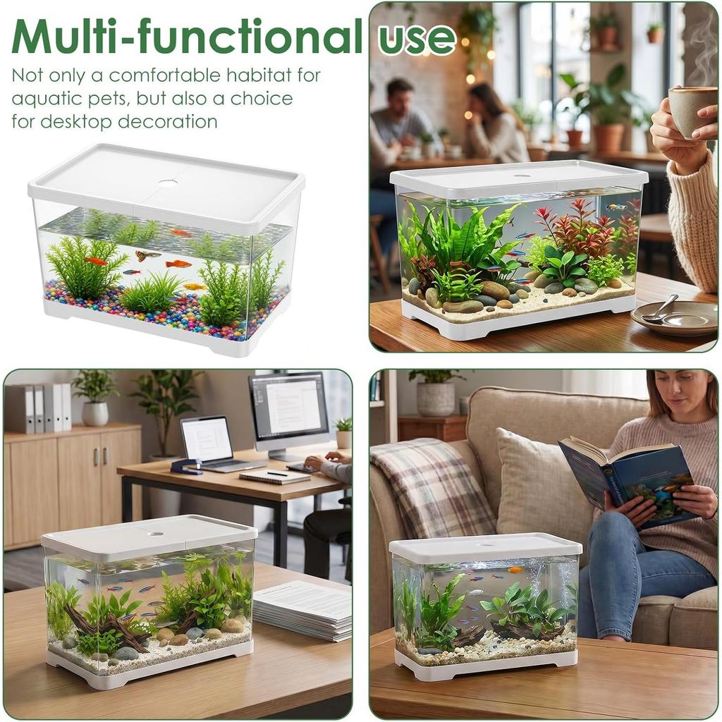 2 Gallon Plastic Fish Tank with Drain Hole - 30x19x17cm Shatterproof Small Rectangular Aquarium for Betta Fish & Guppies - Clear Desktop Terrarium