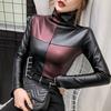 Turtleneck Women Blouse Fashion Long Sleeve Female Tops Autumn Winter Patchwork Slim Pu Leather Shirt Women Clothing