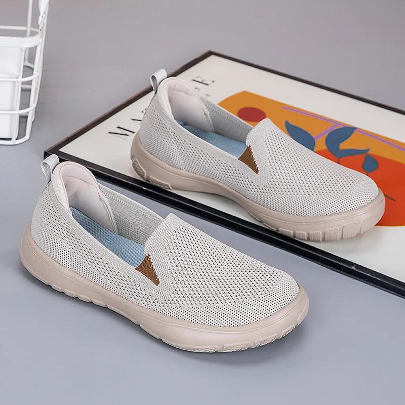 Women's Vulcanized Shoes Mesh Breathable Sneakers Slip On Flats Platform New Casual Shoes Ladies Anti-slip Walking Woven Shoes