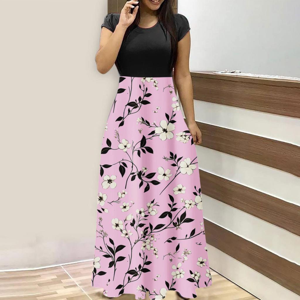 Женская мода повседневные свободные принтованные платья с круглым вырезом и коротким рукавом длинные платья с коротким рукавом длинные платья