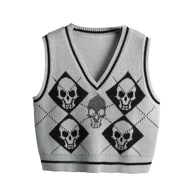 Gothic Knit Sweater Vest Skull Argyle Print Pattern Knitwear V-neck Pullover Fashion Jumper Top Women Halloween Streetwear