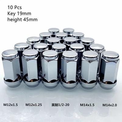 Ключ 19 мм Гайки-болты 45 мм высота m12x1.25, m12x1.5 , m14x1.5 , m14x2,1/2"-20, Резьба Конусное сиденье Автомобильные колесные гайки Серебристые 10 шт.