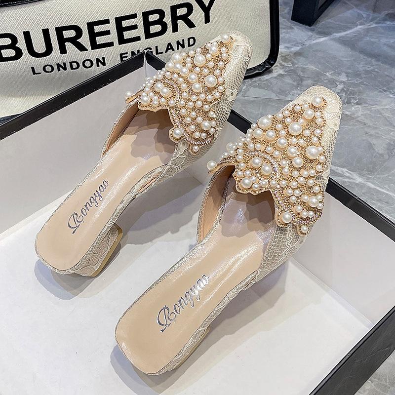 Роскошные мюли с жемчужными украшениями, элегантные женские босоножки с острым носком, кружевные босоножки, шикарные вечерние туфли на плоской подошве с нитками и бусинами