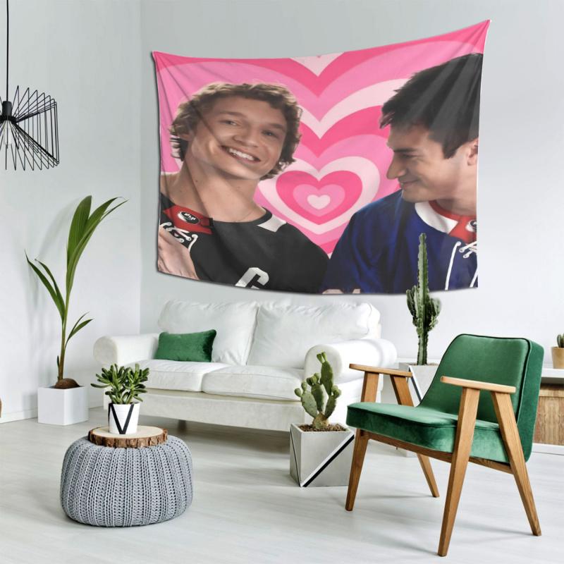 VIKAMA Hockey Couple Pink Heart Tapestry Sweet Romantic Wall Hanging For Bedroom Gaming Room And Sports Fan Spaces Decor