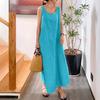 Summer Sling Strap Long Cotton Linen Dress Women Loose Pocket Round Neck Sleeveless Dresses
