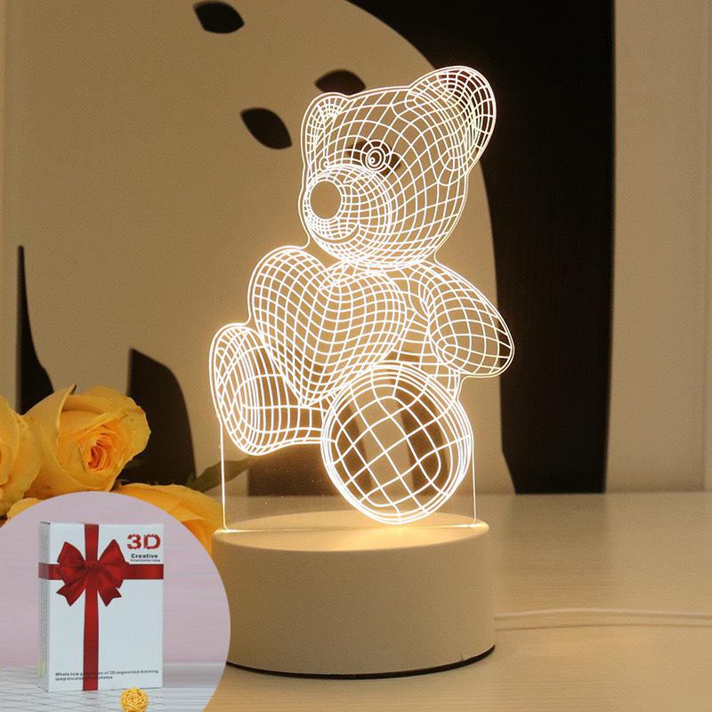 3D Акриловый Ночник в форме Сердца и Медведя - USB Прикроватная Лампа