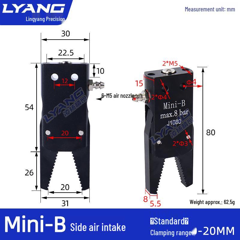 Pneumatic Mini Grippers: A/B/C/E Robot Arm Clamps for Injection Molding (J1060/J1080).