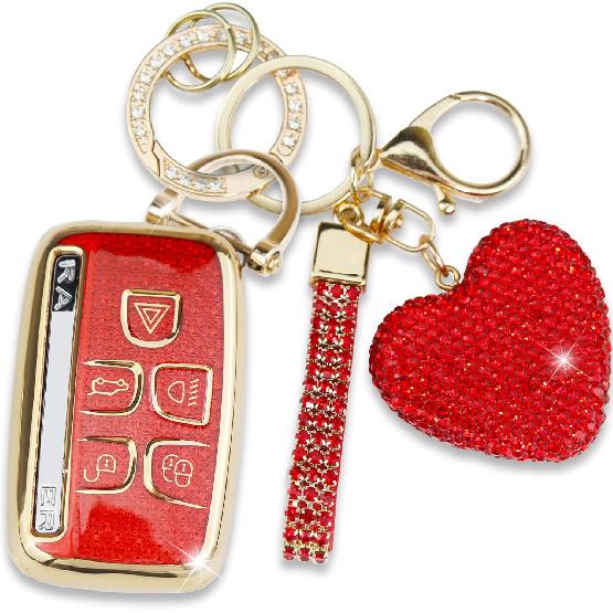 for Land Rover Key Fob Cover with Heart Keychain for Women, Compatible with Range Rover Evoque Sport Velar Land Rover Discovery Jaguar F-Pace F-Type