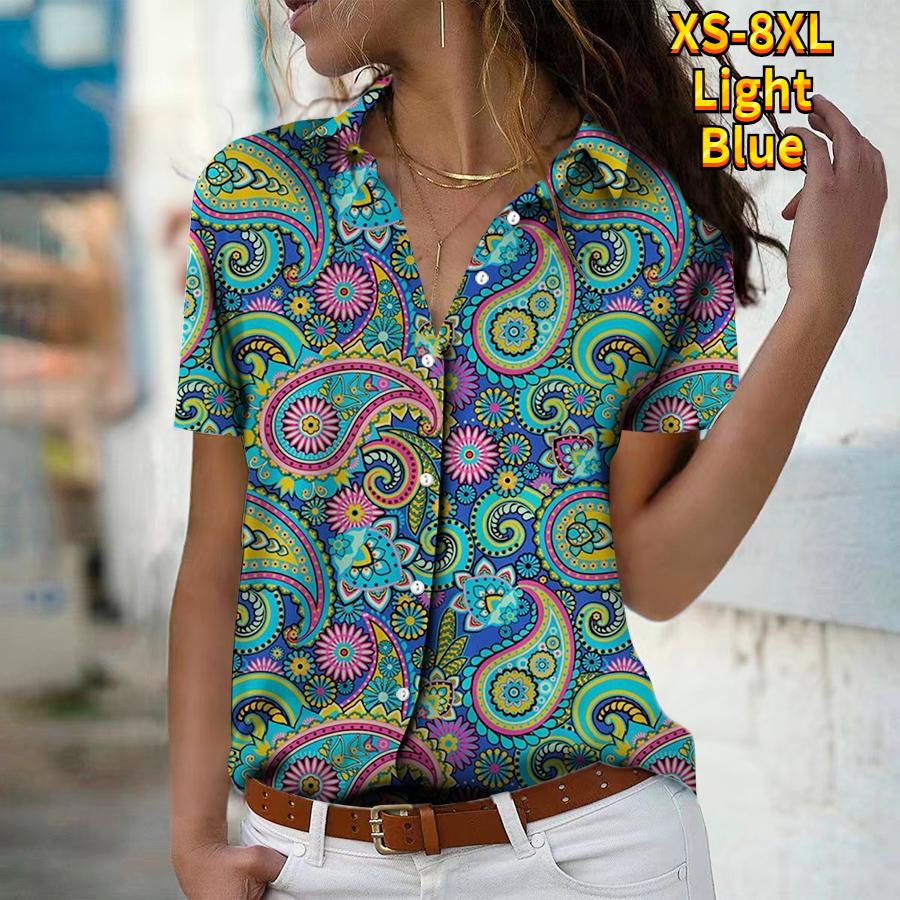 Лето 2025 Новая Мода Женская Рубашка Топ с Коротким Рукавом, V-образным Вырезом, Пуговицами, в Стиле Ретро с Принтом