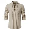 Men's Linen Shirts Long Sleeved Lace Up V Neck Casual Blouse Spring Summer Thin Front Tees Tops Breathable Men Clothing