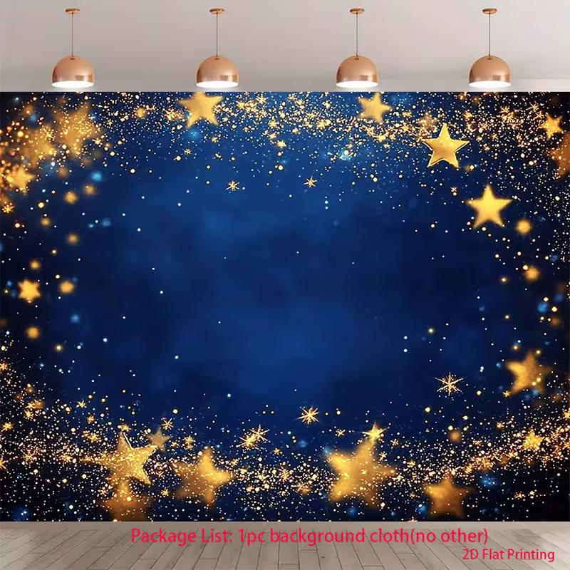 2D Golden Star Glitter Backdrop, Blue Galaxy Party Banner