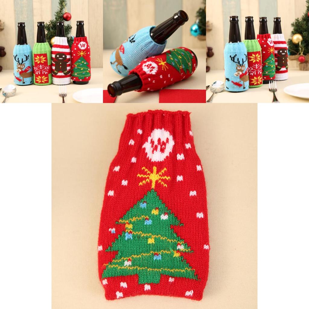 Стильный вязаный рождественский чехол для пивной бутылки с красивыми мотивами снежинок и оленей, идеально подходящий для праздничного настроения.