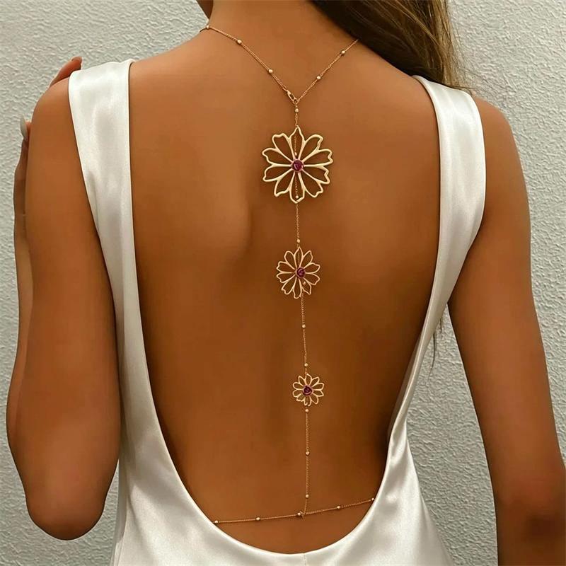 Sexy Gold Flower Back Chain for Women Pearl Beaded Body Necklace Boho Resort Beach Jewelry Backless Dress Accessories