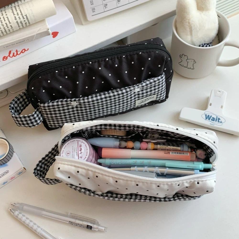 Polka Dot Star Plaid Cloth Pencil Case Large Capacity Pen Storage Bag Handheld Pencil Bag  Student